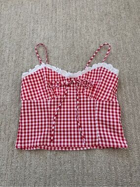 Good Luck Gem Red Gingham Lace-Trim Crop Cami